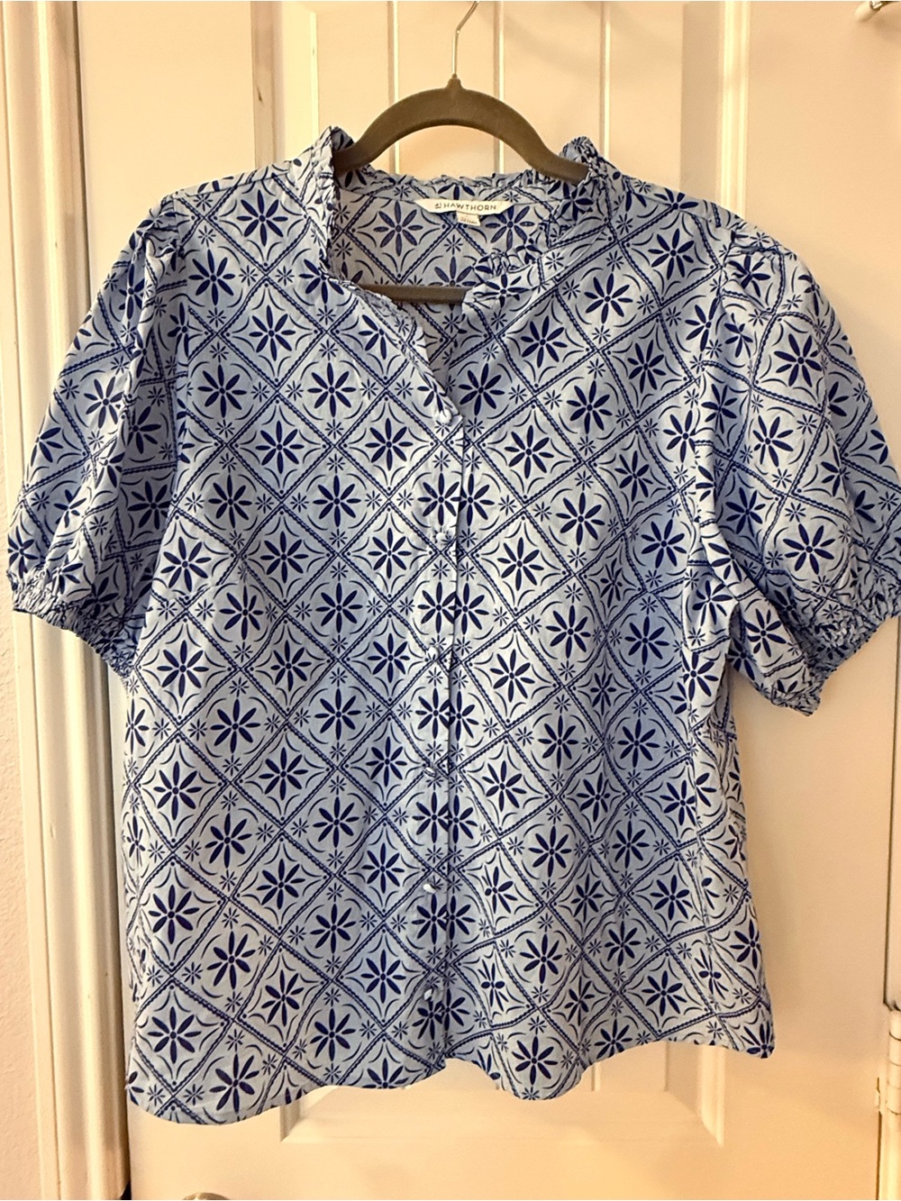 Charter Club Blue and Navy Tile-Print Button Down Blouse